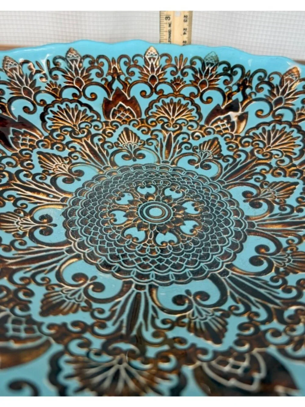Turkish Glass Decorative Bowl Teal Blue Bronze Embossed Mandala Ornate-Gorgeous